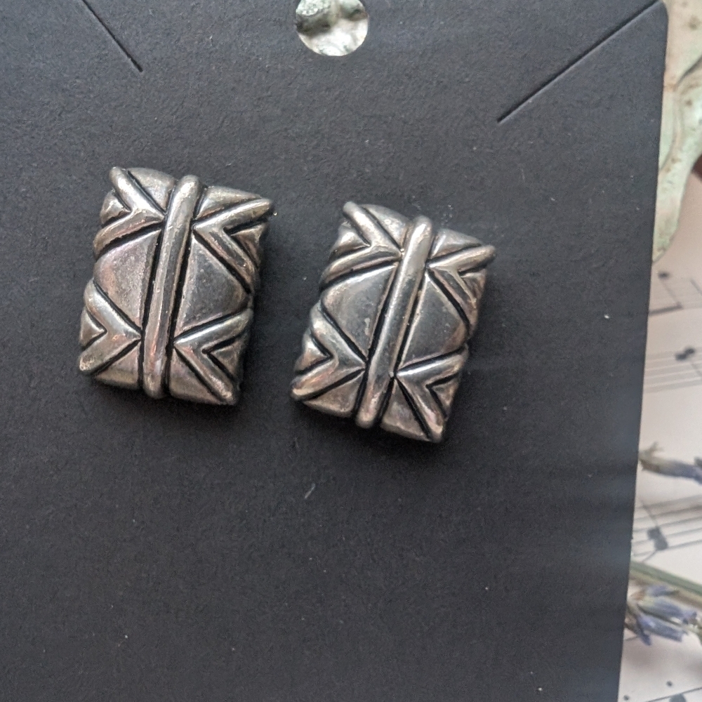 Silver Geometric Stud Earrings - Picture 5 of 7